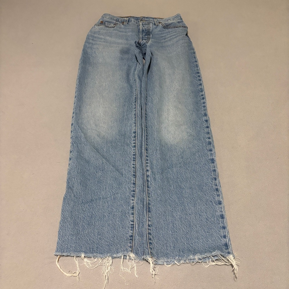 Levis Premium 501 90s Womens Straight Leg Jeans 24x30 Light Wash Blue Raw Hem